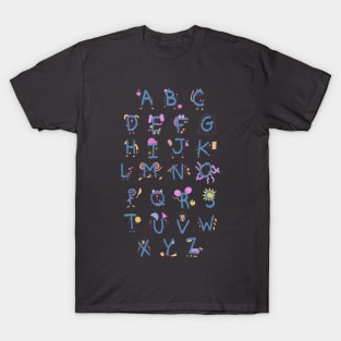 Cute alphabet characters | A to Z | pink blue purple on charcoal T-Shirt